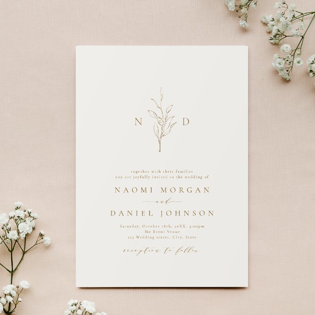 Gold simple botanical monogram rustic wedding  invitation (Gold simple botanical monogram rustic wedding invitation)