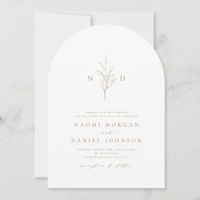 Gold simple botanical monogram rustic wedding invitation (Front)