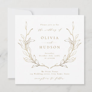 Gold simple botanical wreath rustic wedding invitation