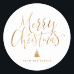 Gold Simple Calligraphy Merry Christmas Classic Round Sticker<br><div class="desc">Personalised Christmas gift stickers feature big faux gold foil handwritten calligraphy and Christmas tree,   simple,  modern and elegant.</div>