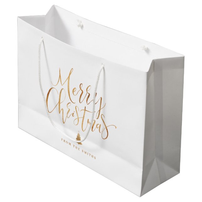 Gold Simple Calligraphy Merry Christmas Large Gift Bag (Front Angled)