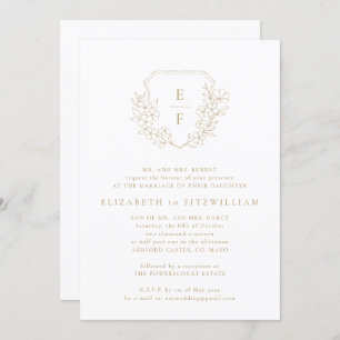 Gold Simple Cherry Blossom Crest Monogram Wedding Invitation