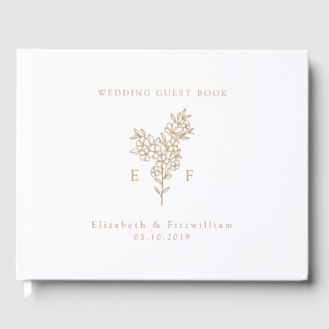 Gold Simple Cherry Blossom Monogram Wreath  Guest Book (Front)