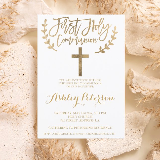 Gold simple chic cross First Holy Communion Invitation (Creator Uploaded)