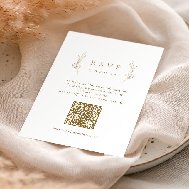 Gold simple elegance botanical QR code wedding RSVP Card (Gold simple elegance botanical QR code wedding RSVP Card)