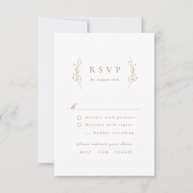 Gold simple elegance botanical wedding RSVP card (Front)