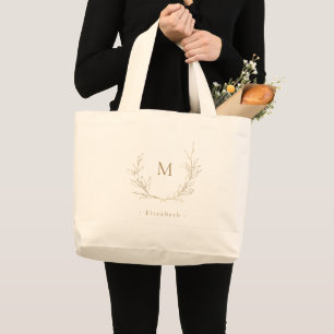 Gold simple elegant botanical wreath Bridesmaid Large Tote Bag