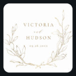 Gold simple elegant botanical wreath wedding square sticker<br><div class="desc">Rustic hand illustrated botanical leaves wreath in gold and white,  simple and elegant,  great wedding favour stickers for summer boho rustic wedding,  spring botanical garden wedding. 
See all the matching pieces in collection</div>