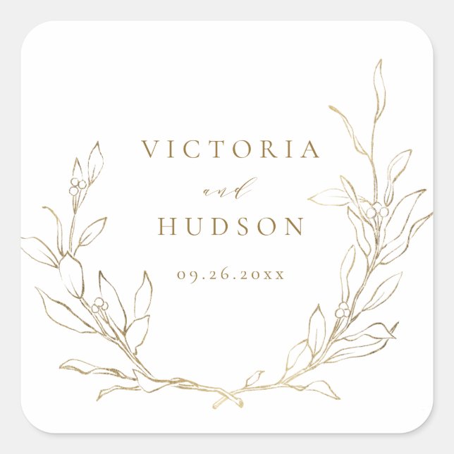 Gold simple elegant botanical wreath wedding square sticker (Front)