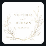 Gold simple elegant botanical wreath wedding square sticker<br><div class="desc">Rustic hand illustrated botanical leaves wreath in gold and white,  simple and elegant,  great wedding favour stickers for summer boho rustic wedding,  spring botanical garden wedding. 
See all the matching pieces in collection</div>