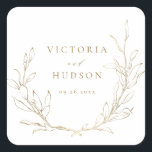 Gold simple elegant botanical wreath wedding square sticker<br><div class="desc">Rustic hand illustrated botanical leaves wreath in gold and white,  simple and elegant,  great wedding favour stickers for summer boho rustic wedding,  spring botanical garden wedding. 
See all the matching pieces in collection</div>