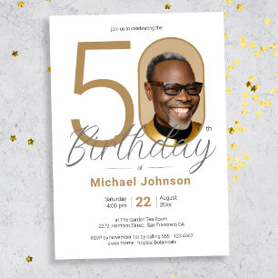 Gold Simple Elegant Photo 50th Birthday Party Invitation