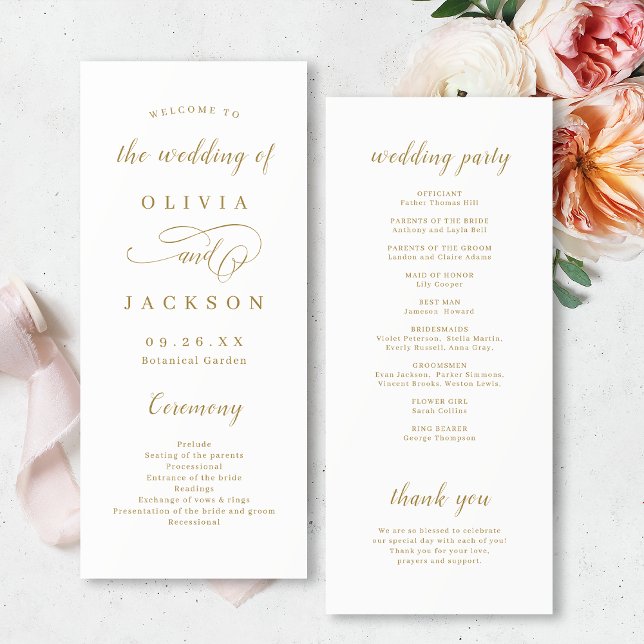 Gold simple elegant romantic script wedding  programme (Gold simple elegant romantic script wedding program)