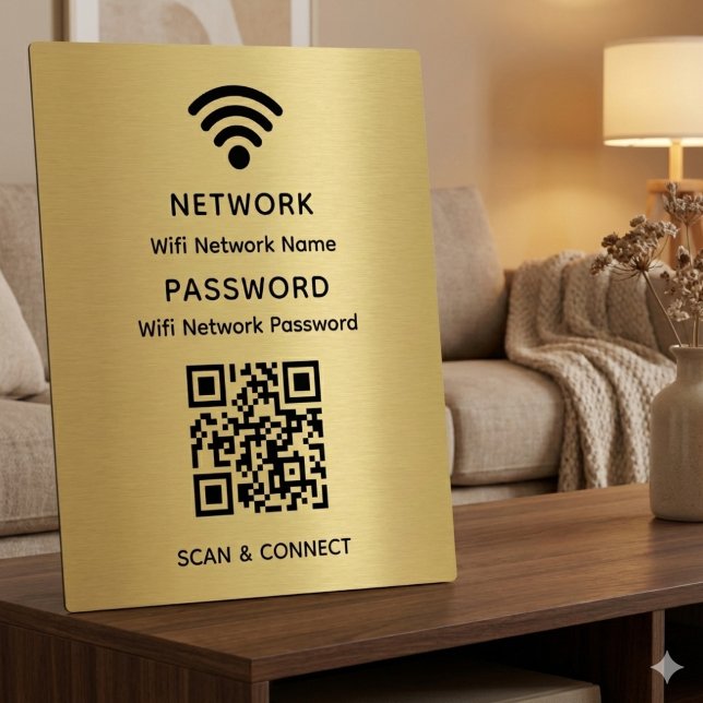 Gold Simple Elegant Wifi QR Code Network Password Plaque (Creator Uploaded)