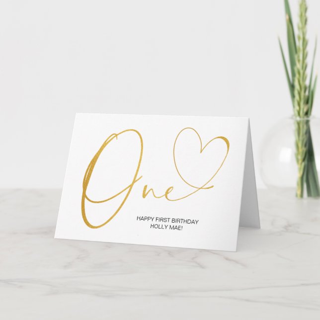 Gold Simple First Birthday One Heart Card (Front)