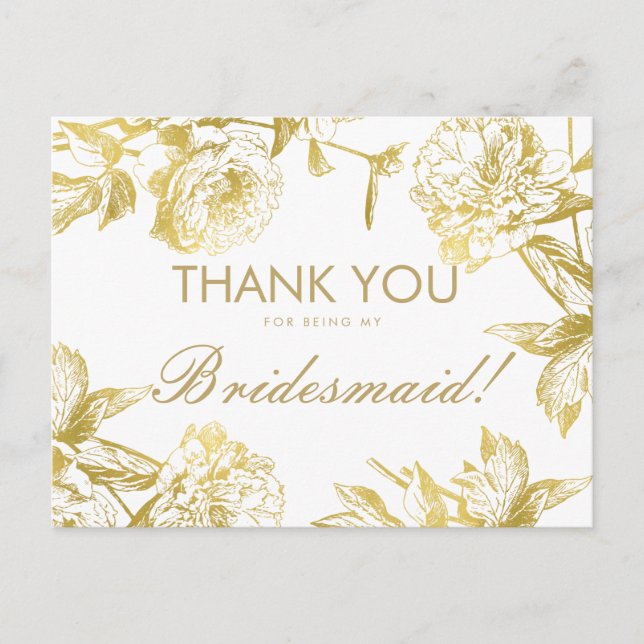 Gold Simple Floral Bridesmaid Thank You Postcard (Front)