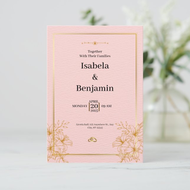 Gold Simple Floral Wedding Invitation (Standing Front)