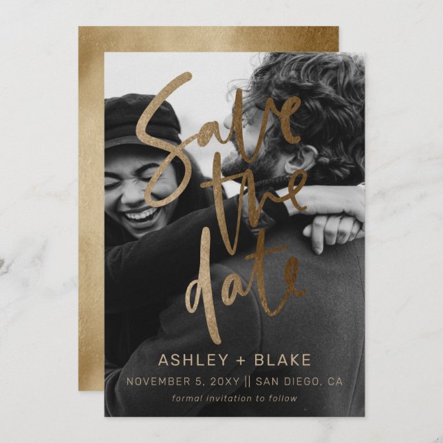 Gold Simple Handwritten Calligraphy Photo Save The Date (Front/Back)