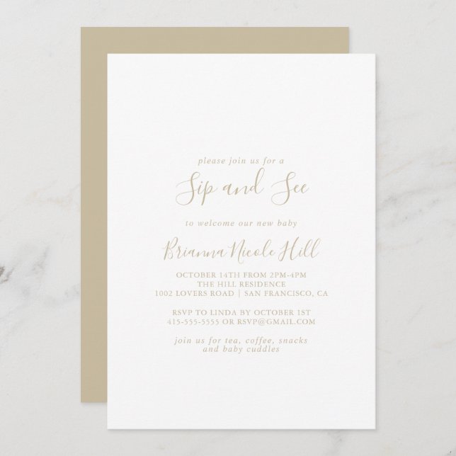 Gold Simple Minimalist Sip and See Invitation (Front/Back)