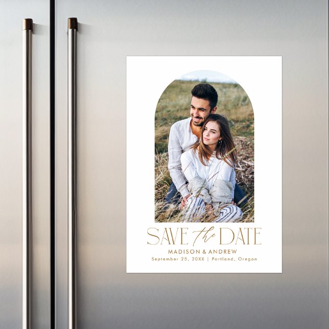 Gold | Simple Modern Arch Photo Save the Date Magnetic Invitation (Creator Uploaded)