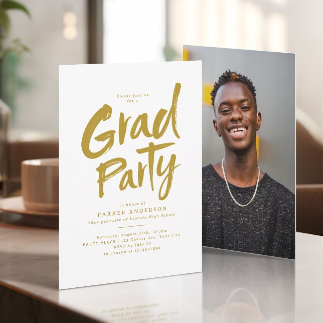 Gold Simple Modern Brush Script Grad Party Invitation (Gold Simple Modern Brush Script Grad Party Invitation)