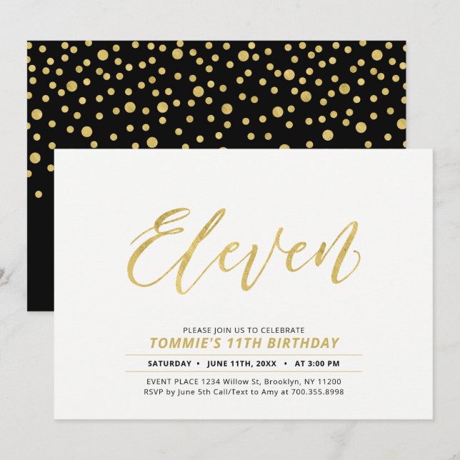 Gold Simple Modern Lettering 11th Birthday Party Invitation (Front/Back)