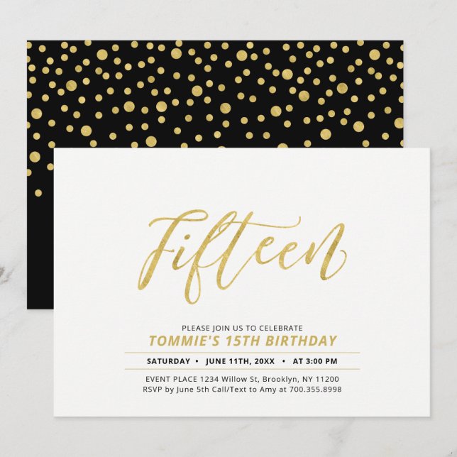 Gold Simple Modern Lettering 15th Birthday Party Invitation (Front/Back)