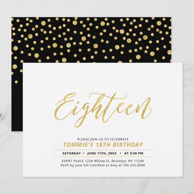 Gold Simple Modern Lettering 18th Birthday Party Invitation (Front/Back)