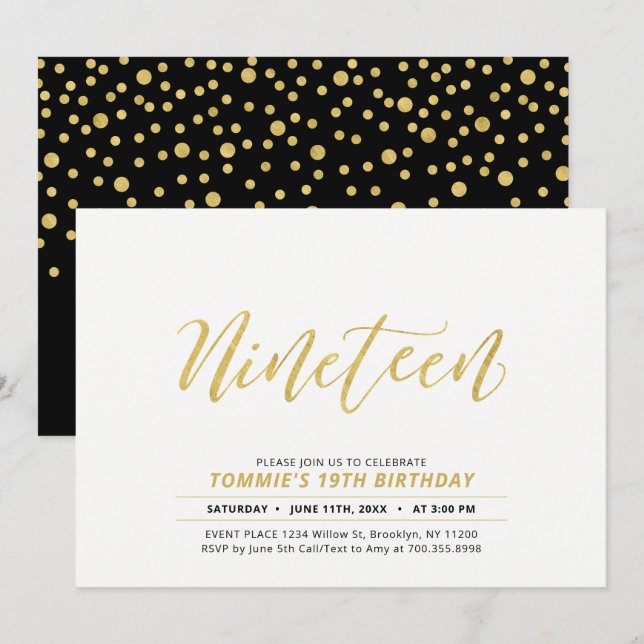 Gold Simple Modern Lettering 19th Birthday Party Invitation (Front/Back)