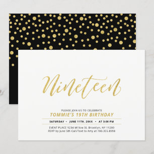 Gold Simple Modern Lettering 19th Birthday Party Invitation