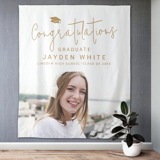 Gold Simple Modern Script Photo Graduation Party Tapestry (Gold Simple Modern Script Photo Graduation Party Tapestry)