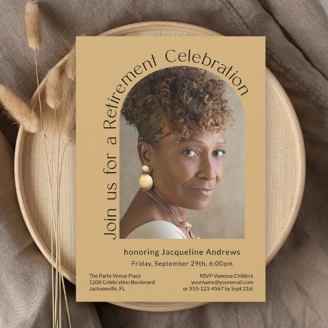 Gold Simple Photo Arch Retirement Party Invitation (Available as printed and paperless digital download!)