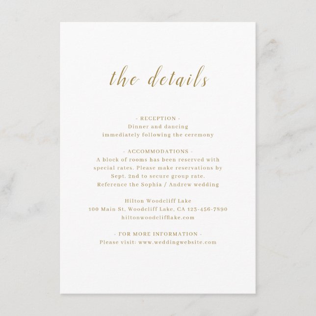 Gold simple romantic script wedding details enclosure card (Front)