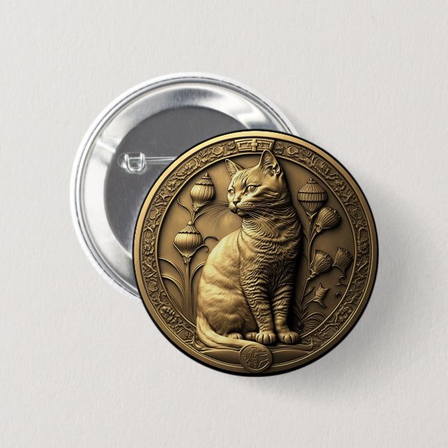 Gold Sitting Cat Medallion 6 Cm Round Badge (Front & Back)