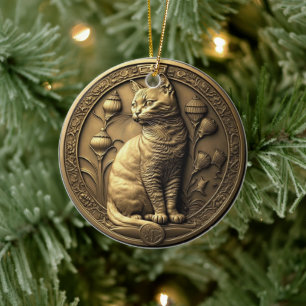 Gold Sitting Cat Medallion Ceramic Tree Decoration