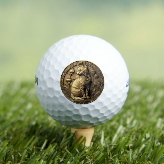Gold Sitting Cat Medallion Golf Balls (Insitu Tee)