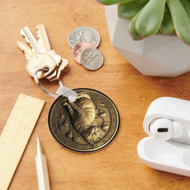 Gold Sitting Cat Medallion Key Ring (Desk)