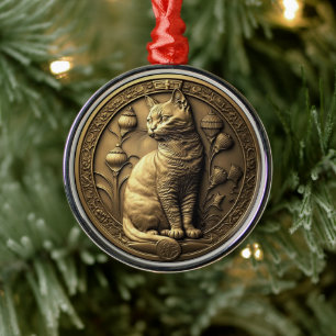 Gold Sitting Cat Medallion Metal Tree Decoration