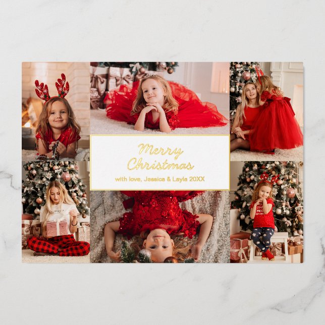 Gold Six Pictures Photo Collage Merry Christmas Foil Holiday Card (Front)