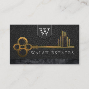 Gold Skeleton Key City Logo   Leather Business Card