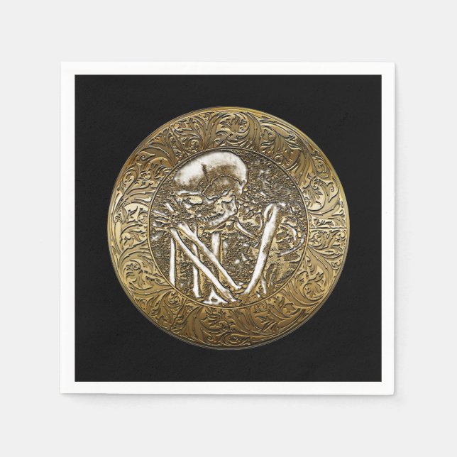 Gold Skeleton Skull Vintage Treasure Coin Napkin (Front)