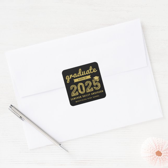 Gold Sketch Graduate Class Of 2025 Graduation Cap Square Sticker (Envelope)