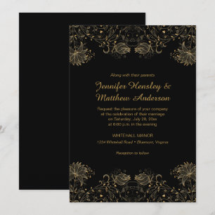 Gold Sketched Flowers on Black Wedding Invitations