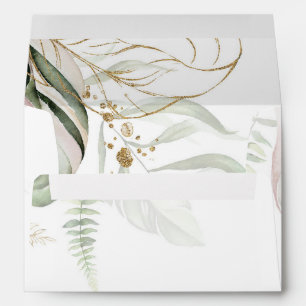 Gold Sketched Leaves Blush Pink Tropical Wedding E Envelope
