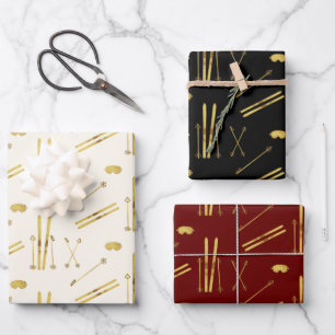 Gold Skis And Poles Holiday Ski Pattern Wrapping Paper Sheet