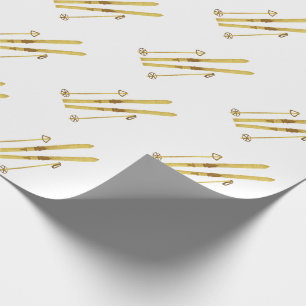 Gold Skis And Poles Holiday Skiing Pattern Wrapping Paper