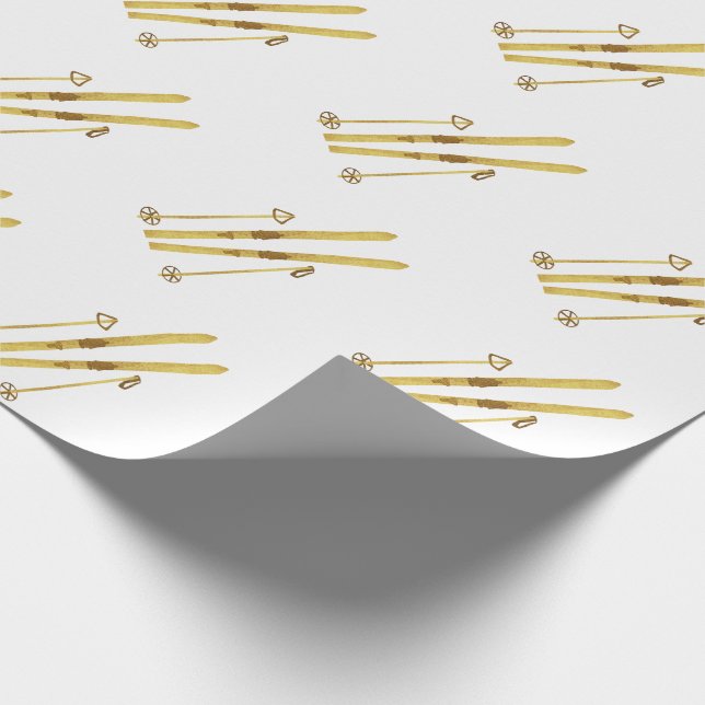Gold Skis And Poles | Holiday Skiing Pattern  Wrapping Paper (Corner)