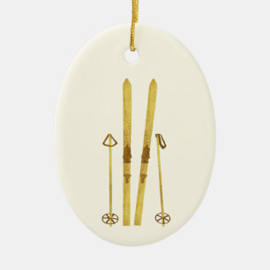 Gold Skis And Poles   Retro Ski Illustration Ceramic Tree Decoration
