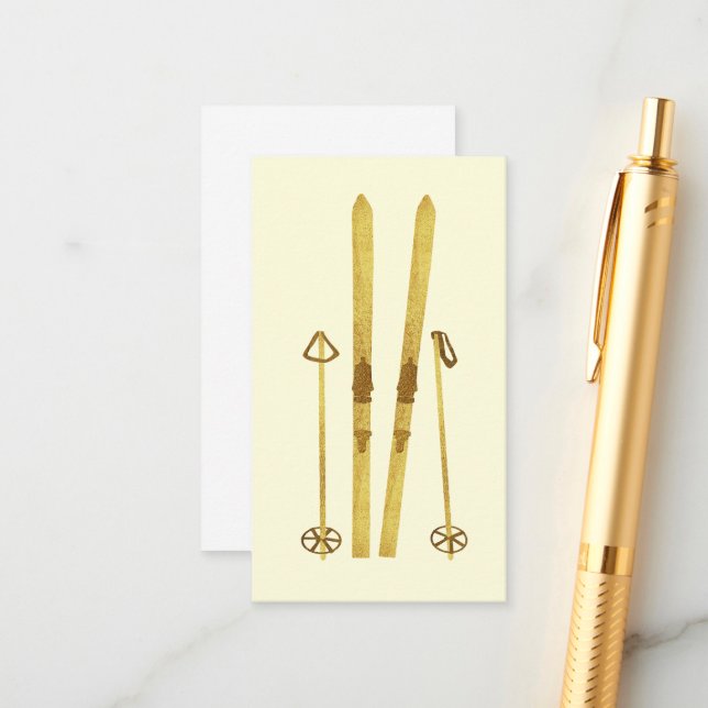 Gold Skis And Poles | Retro Ski Illustration Cream Enclosure Card (Front/Back In Situ)