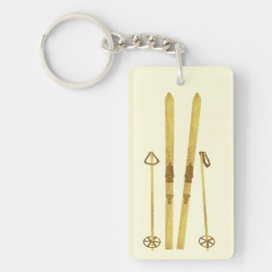 Gold Skis And Poles   Retro Ski Illustration Cream Key Ring